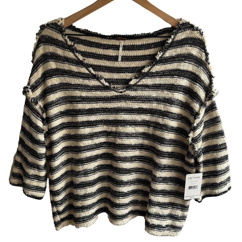 Free People Black and Cream Striped V-Neck Sweater